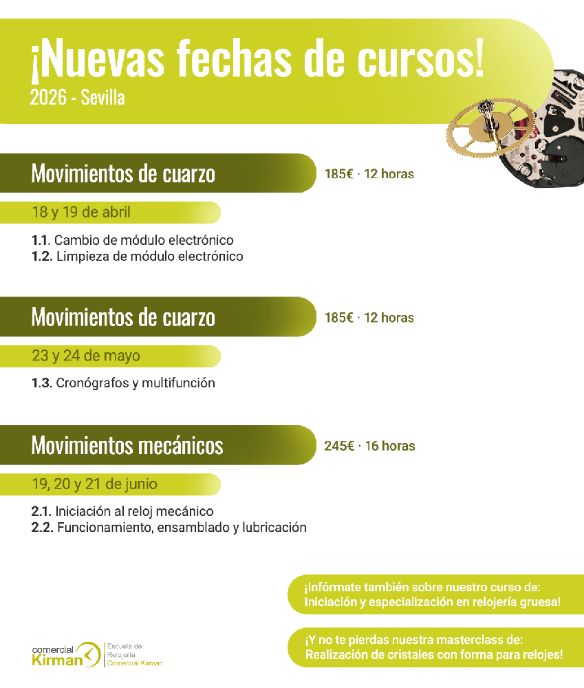 Calendario Cursos Relojería Septiembre-Diciembre 2026